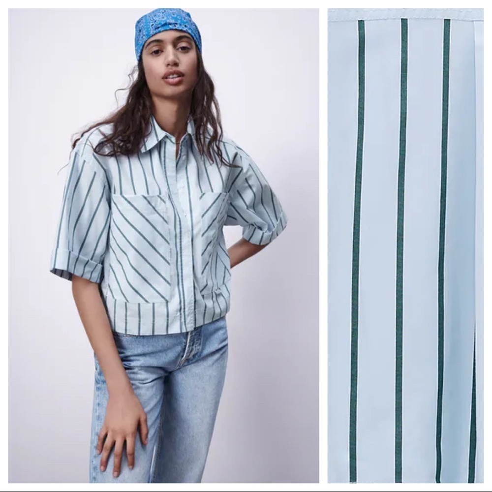 NWT. Zara Cotton Cropped Striped Shirt. Size XS.